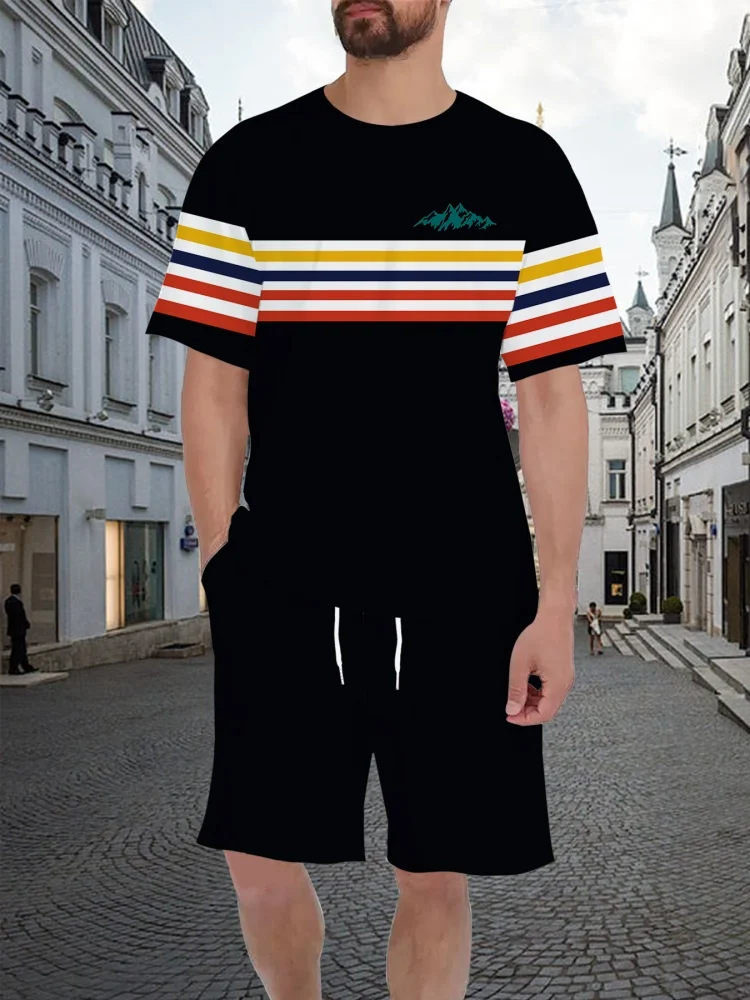 Outdoor Sports Activities - Stripe 3D Print T-Shirt Men's Sets